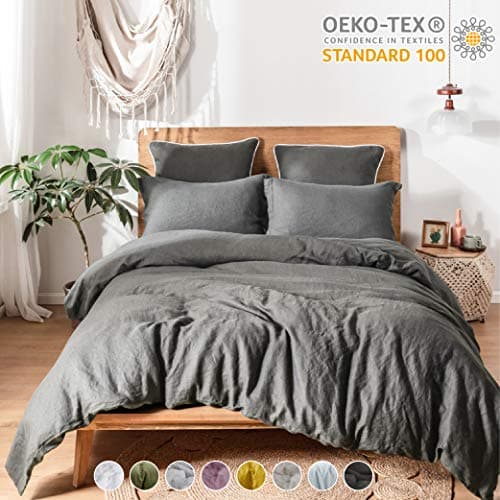 Simple&Opulence 100% Linen Duvet Cover Set 2pcs Basic Style Natural French Washed Flax Solid Color Soft Breathable Farmhouse Bedding with Button Closure - Light Grey, TwinOEKO-TEX STANDARD 100