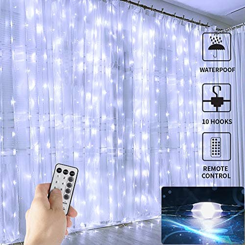 Juhefa White Curtain Lights, 300 LED Twinkle String Lights with Remote, 8 Modes Waterfall Lights for Christmas/Bedroom/Wedding/Party/Wall Decorations,Equipped with Dual-Chip LED (9.8x9.8Ft)