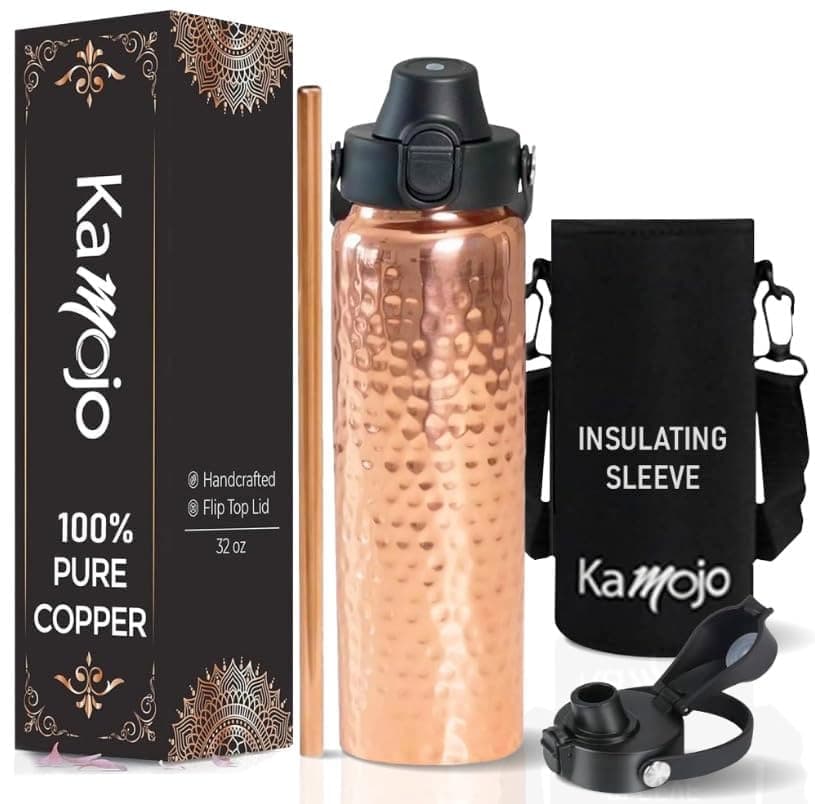 Pure Copper Water Bottle for Drinking - Push Button Lid, Removable Insulating Sleeve & Straw - Hammered Handcrafted 32 fl oz Ayurvedic Cup for Water