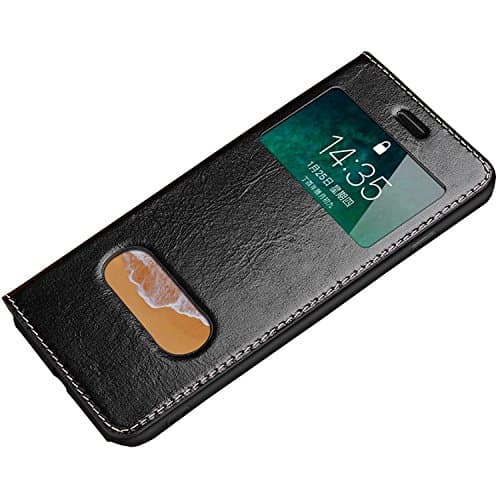 for iPhone Xs MAX Case, Ultra Thin Flip Cover Case Dual Window View Stand Feature Genuine Leather Phone Case for Apple iPhone Xs MAX 6.5inch(Black, XS MAX)