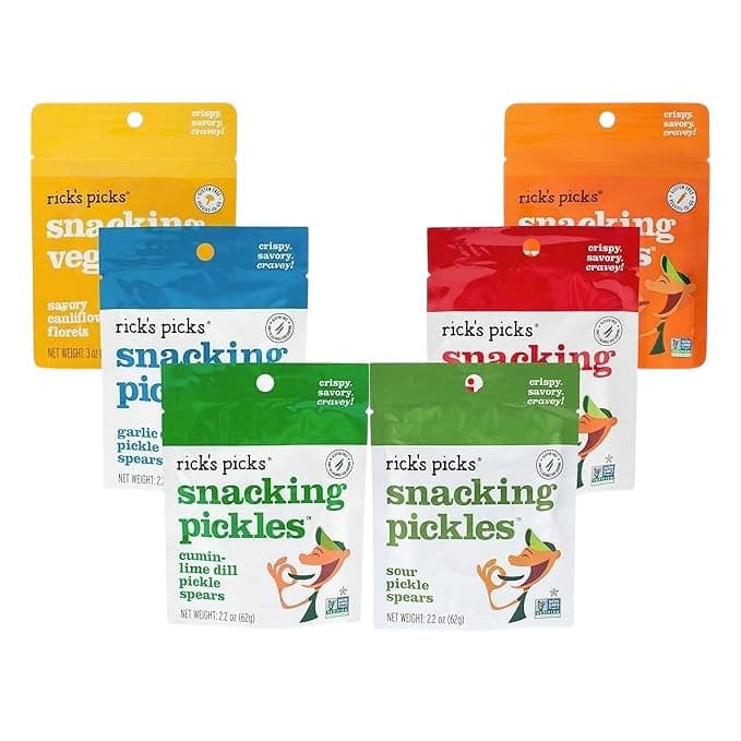 Rick’s Picks Snacking Pickles Variety 6 Pack - On-the-Go Dill Pickles, Spicy Pickles, Carrot Sticks & Cauliflower - All Natural, Non-GMO, Gluten Free, 2.2-3 oz. (6 Pack)
