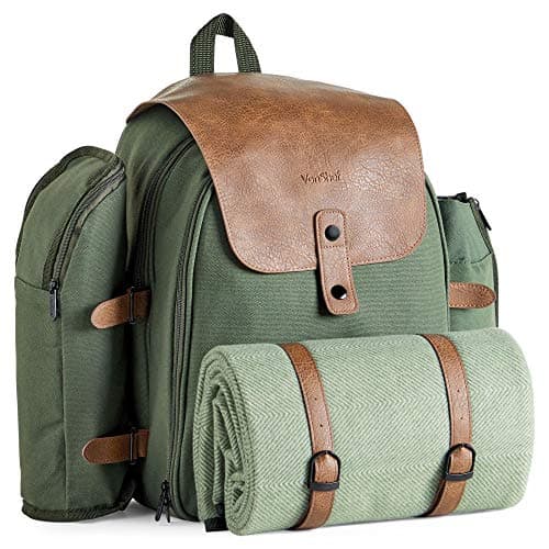 VonShef Large Picnic Backpack for 4 with Insulated Cooler Compartment - Picnic Set with Stainless Steel Cutlery, Picnic Blanket, Removable Bottle Holder and Wine Carrier - Green Adventure Backpack