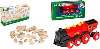 BRIOWorld 50 Piece Train Track Pack for Kids Age 3 Years Up & World Mighty Red Action Locomotive Battery Powered Toy Train for Kids Age 3 Years Up - Compatible with Most BRIO Railway Sets