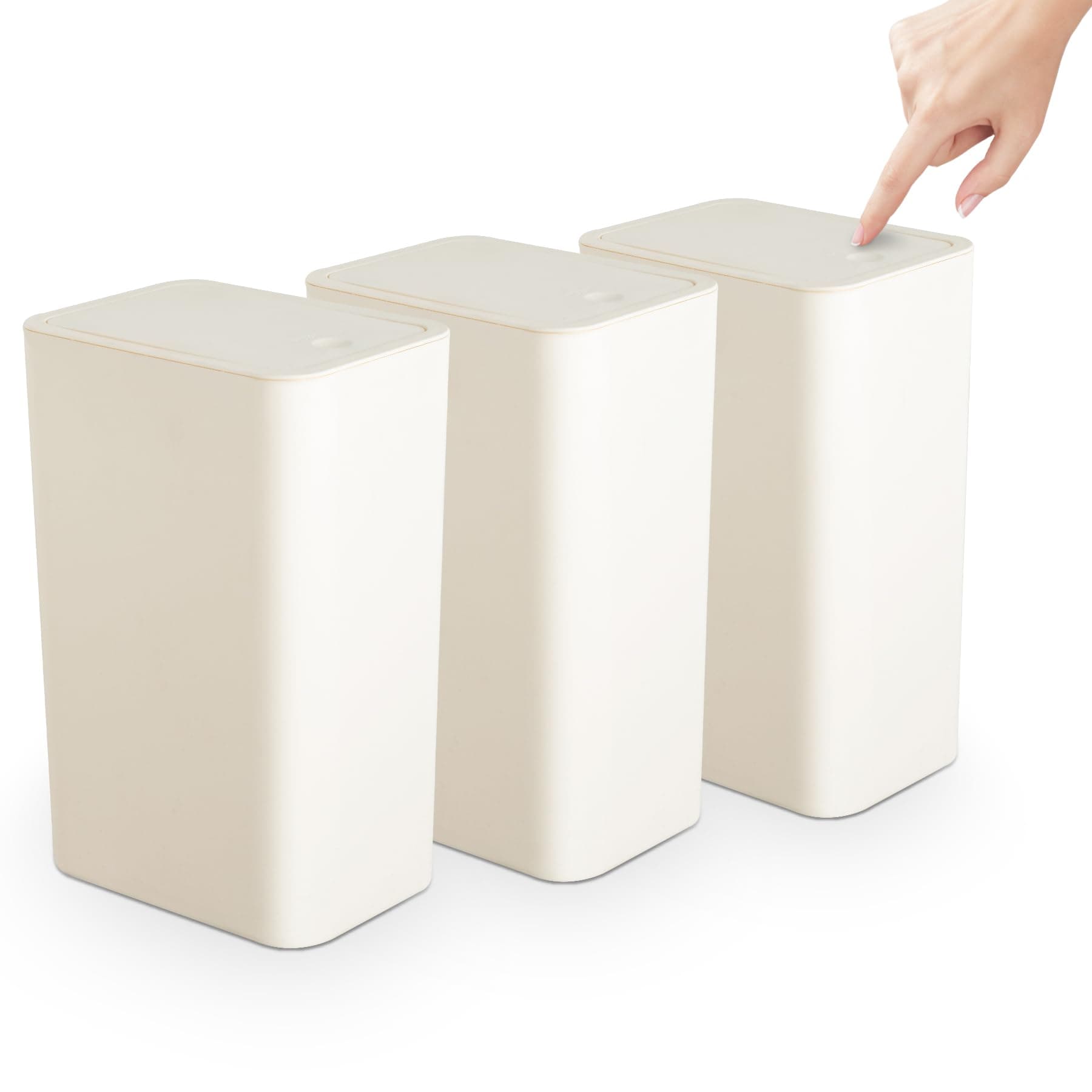 TrashAid 3 Pack Bathroom Trash Can with Lid, 2.6 Gallon / 10 Liter Small Garbage Can with Press Top Lid, Plastic Wastebasket with Pop-up Lids for Toilet, Office, Bedroom, Living Room, White