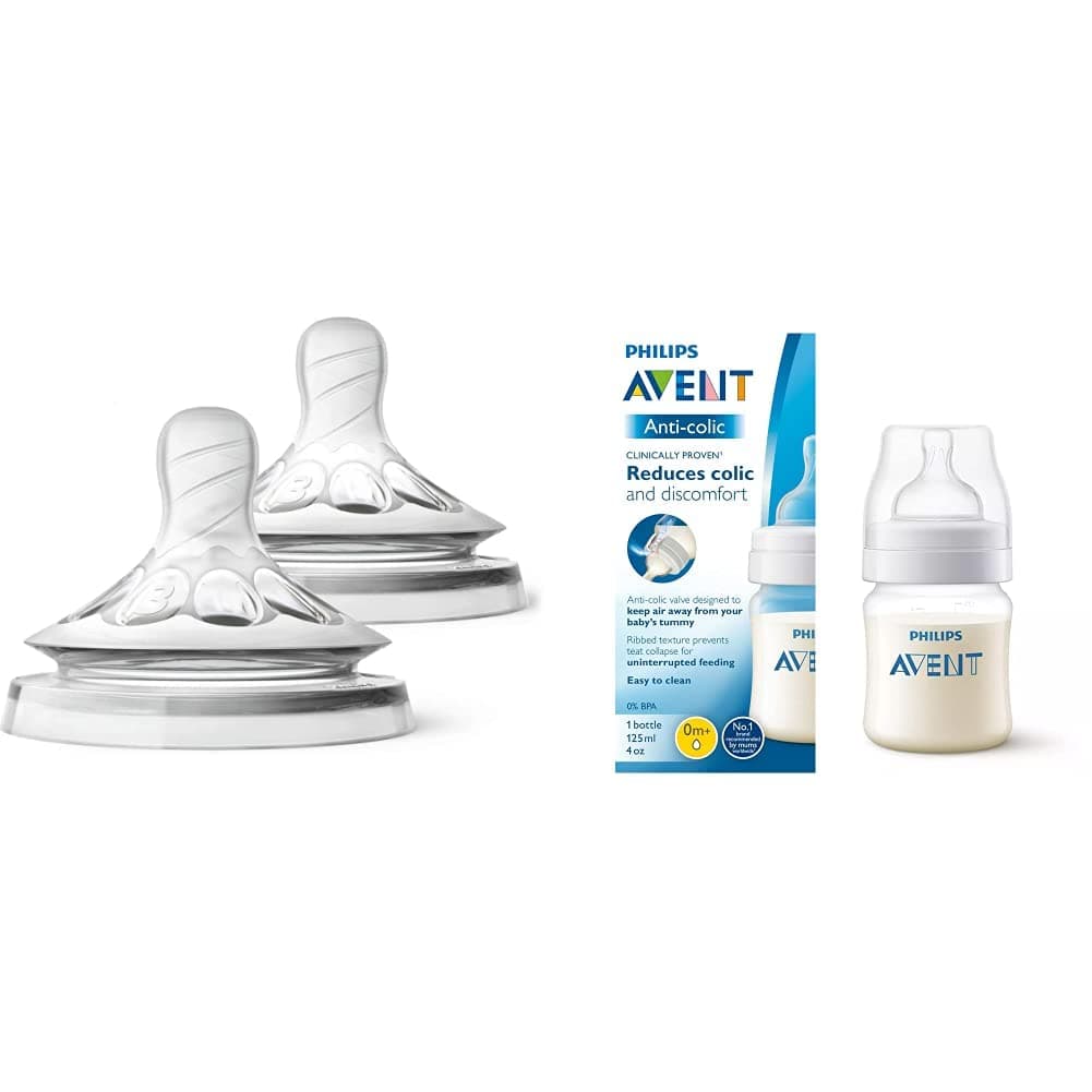 Philips Avent Natural 2. 0 Teat Medium Flow for 3 Months+ (Set of 2 Units) SCF043/27 with Philips Avent Anti Colic Bottle 125ml (Single Pack)