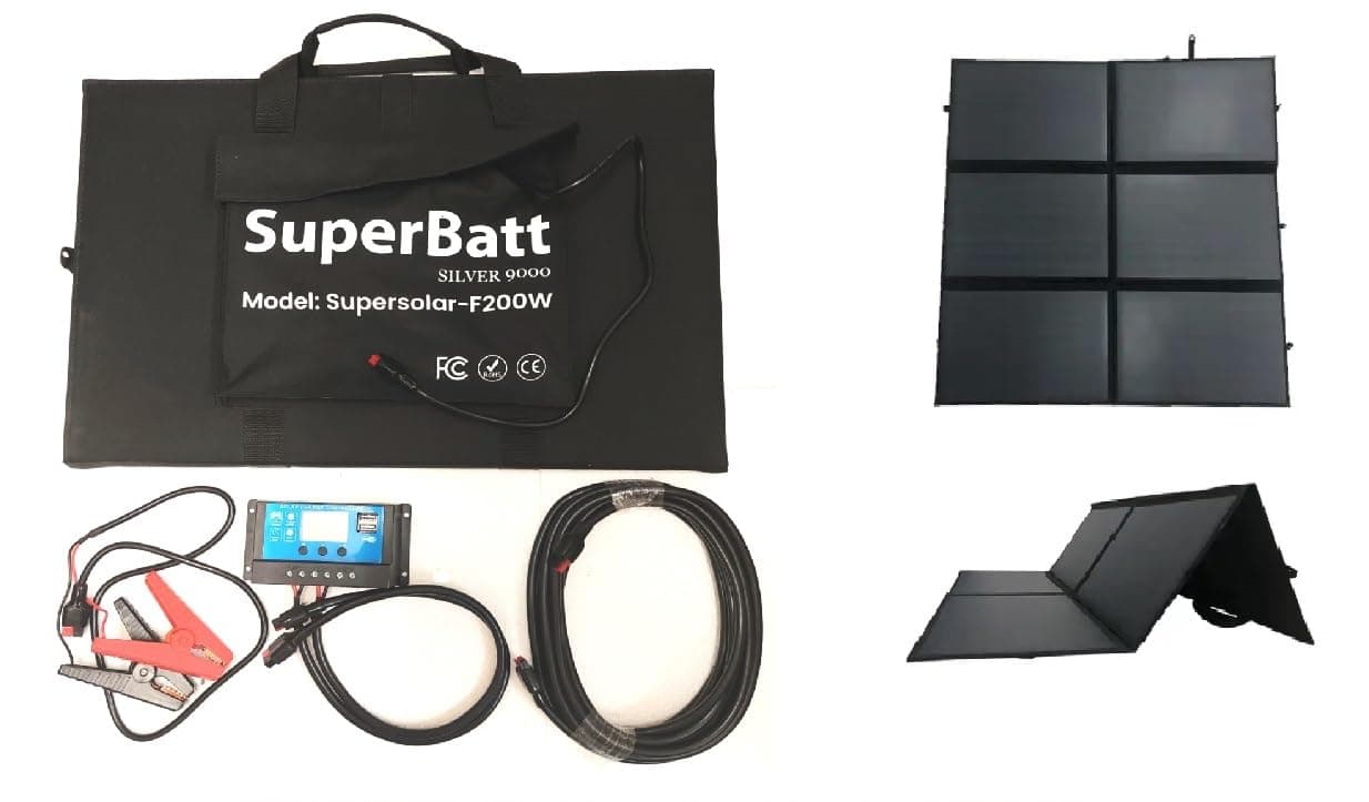 Superbatt F200W 200W Portable Foldable Monocrystalline Solar Panel Smart Solar Battery Charger with Charge Controller for 12V Leisure RV Motorhome Caravan Marine Boat Camping Outdoor