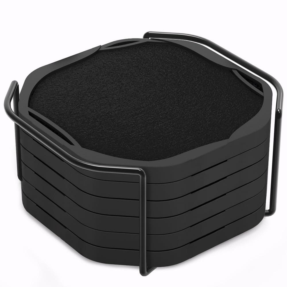 UMIRRO Black Octagon 4" Felt & Silicone Drink Cup Coasters Set of 6 with Holder - Super Absorbent, Built-in Leak Protection, Non-Stick, Modern Coasters for Coffee Table, Desk & Home Decor