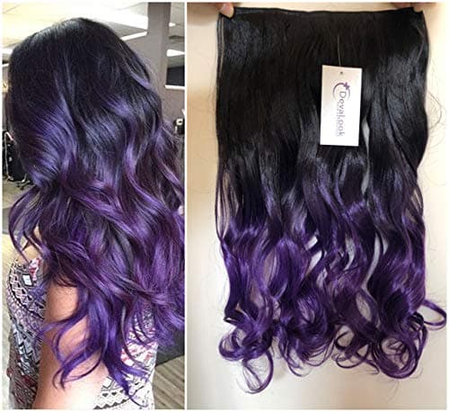 20" 22" Thick One Piece Straight Wavy Curly Half Head Ombre Clip in Hair Extensions (20" Wavy One Piece, Natural black/Purple)