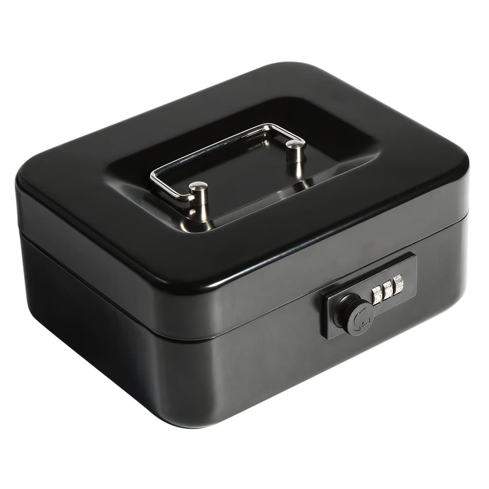 Decaller Medium Cash Box with Combination Lock, Metal Money Box with Removable Tray, 7.87" x 6.30" x 3.54", Black