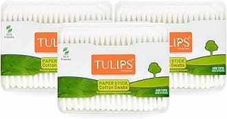TULIPS Cotton Ear Buds/Swabs (Pack of 3) with white PAPER Sticks 200/400 Tips in a Flat Box