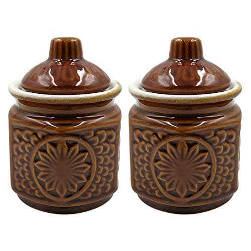 Farkraft Ceramic Pickle Jar Container Round Shape Achaar/Chutney Jar with Lid 700 ml Set of 2