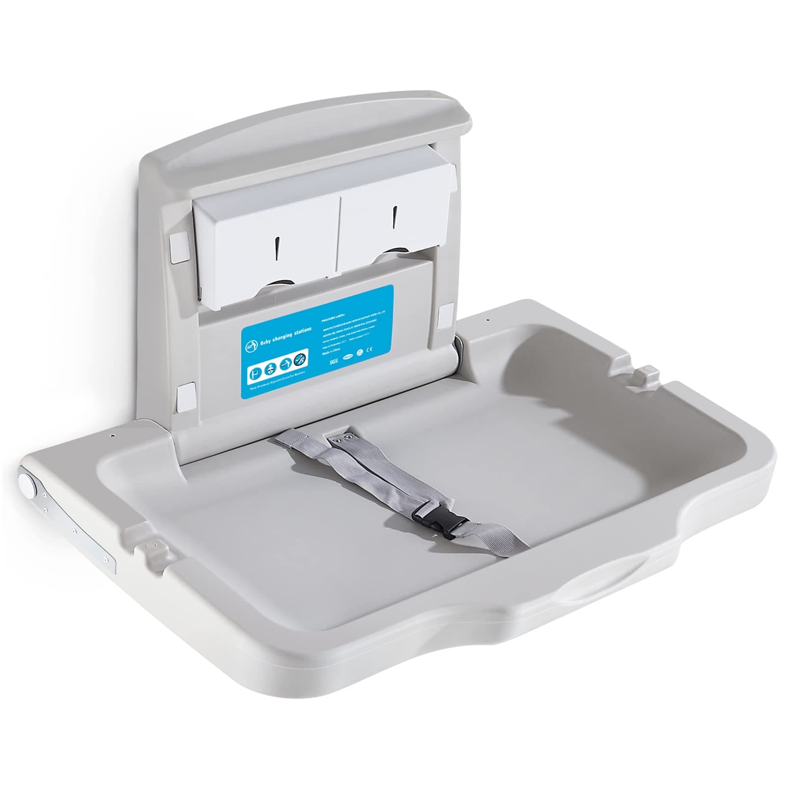 Baby Changing Station Wall Mounted Baby Changing Table Foldable Diaper Changing Unit Commercial Restrooms Horizontal HDPE Meterial with Safrty Strap White Gray