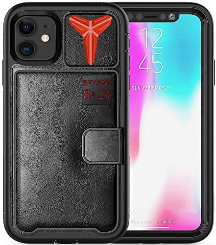 New Premium 3D Kobe Hybrid Wallet case (Double Layer Shockproof Anti-Drop) for iPhone 11 (2019/6.1 in) (Black-red)