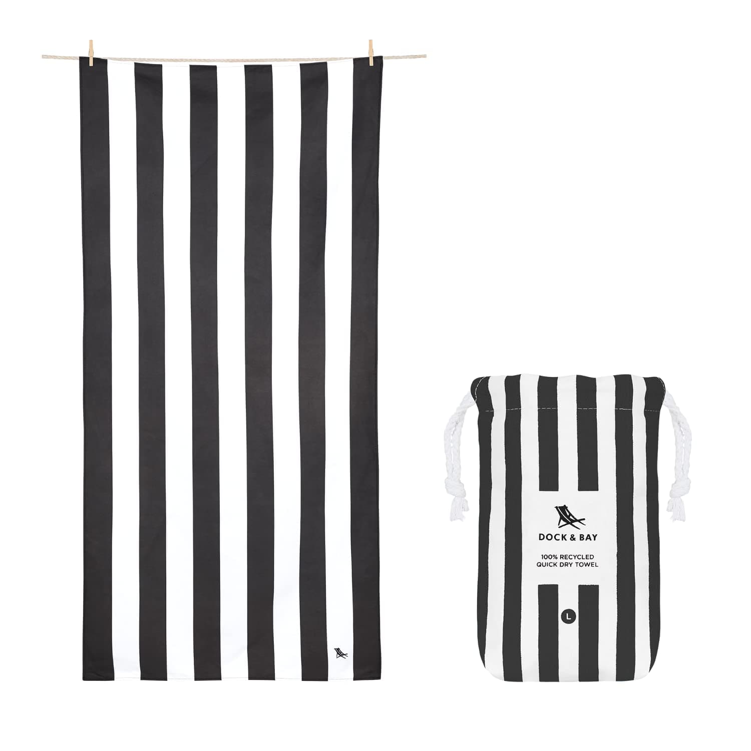 Dock & Bay Beach Towel - Quick Dry, Sand Free - Compact, Lightweight - 100% Recycled - Includes Bag - Cabana - Kamari Charcoal - Extra Large (200x90cm, 78x35")