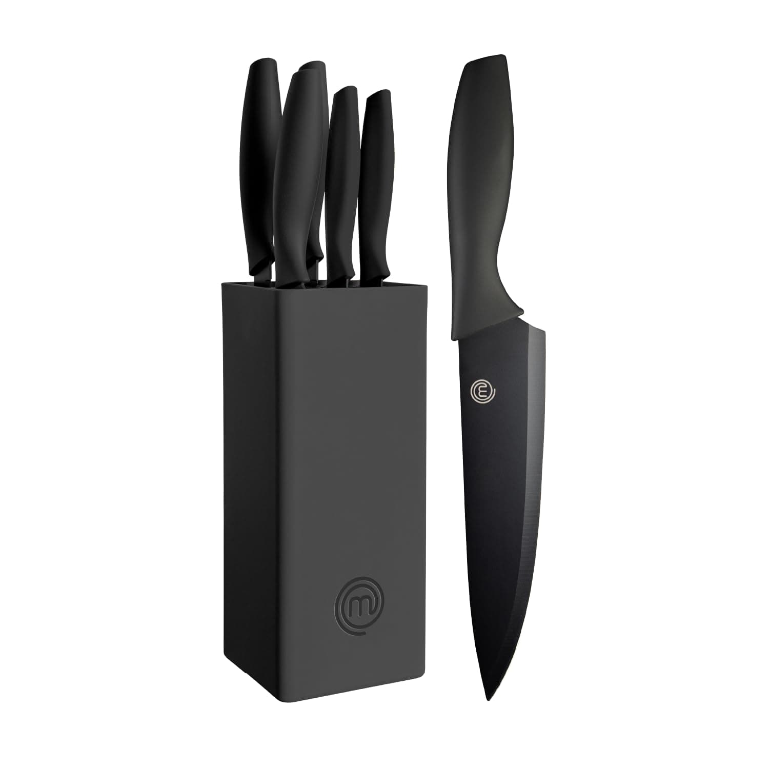MasterChef Knife Set with Block, 5 Kitchen Knives with Sharp Stainless Steel Blades (Chef, Paring, Utility, Carving, Bread) Soft Touch Easy Grip Handles & Universal Knife Holder, Essential Black