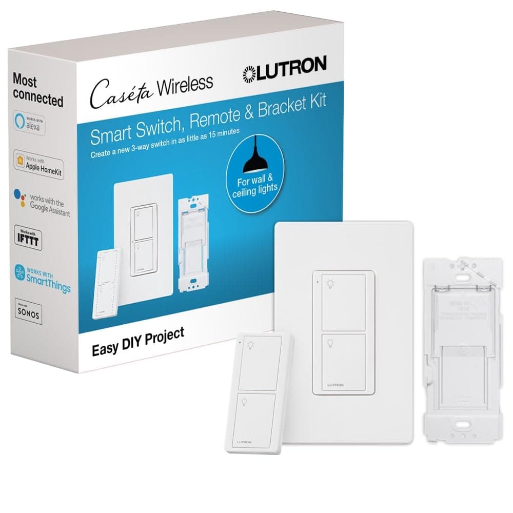 Caseta Smart Light Switch 3-Way Kit, with Pico Remote, Wallplate, Wall Bracket for LED Lights and Fans, On-Off Only, 5 Amp, Neutral Required, P-PKG1WS-WH