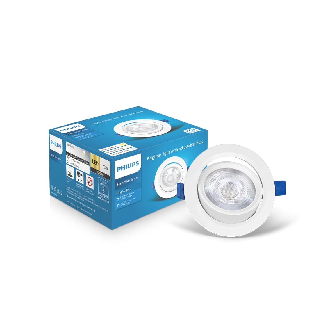 Philips polycarbonate 12 Watt White LED Ceiling COB Round Spot Light with Adjustable Tilt|Cut out: 107mm|Warm White, Pack of 1 (Bright Spot)