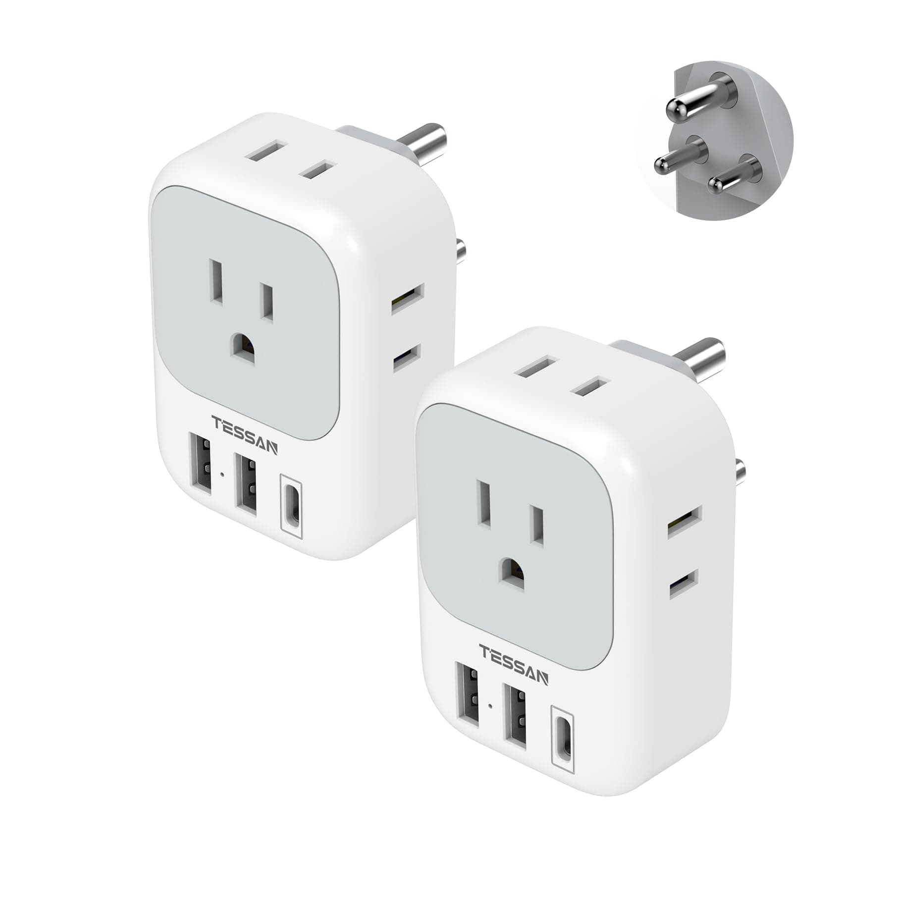India Plug Adapter 2 Pack, TESSAN Type D Travel Adapter with 4 Outlets 3 USB Charger (1 USB C Port), US to Indian Outlet Adaptor for USA to Bangladesh, India, Kuwait, Maldives