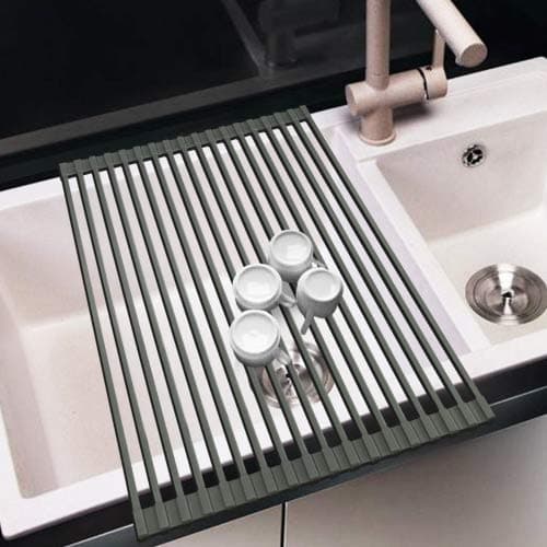 AphroD Roll-Up Dish Drying Rack,Over the Sink Dish Drainer Rack, Stainless Steel Multipurpose Dish Drying for Tableware, Fruits Veggies, Silicone Wrapped Folding Dish Drainer (Elegant Grey)