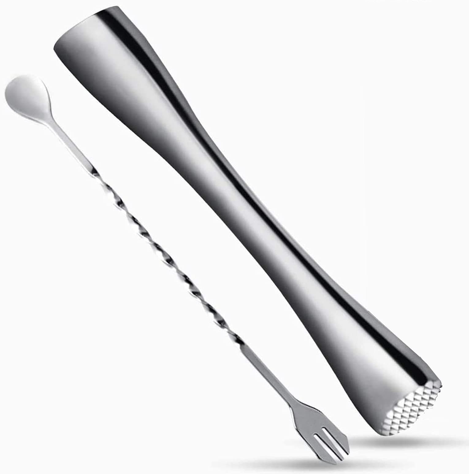 ELECDON Muddler for Drinks, 10-inch Stainless Steel Muddler and Mixing Spoon with Case, Home Tool Set for Fruit Based Drinks and Parties