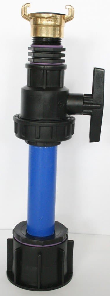 AME90R_9482+100 outlet connection with plastic pipe DN32, 100 mm ET 1” + plastic ball valve, double nipple and a brass-fixed coupling suitable for GEKA, IBC containers, accessories, garden, vats, rainwater tanks, adapters, fitting, cans, cistern, ton