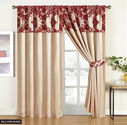 Half Flock With Plain Design Damask Ready Made Pencil Pleat Curtains - Cream Red (66 X 72 (163cm X 183cm)) by M Premier