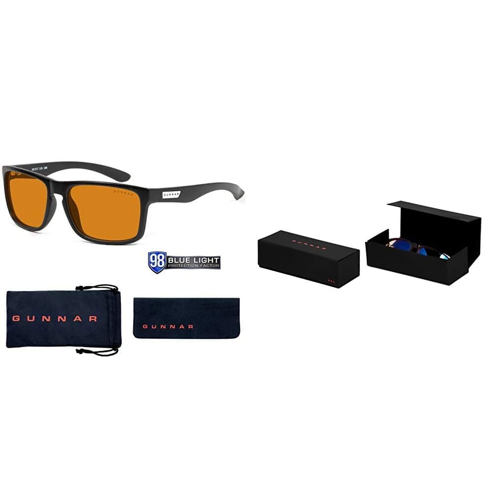 GUNNAR - Gaming and Computer Glasses - Blocks 98% Blue Light - Intercept, Onyx, Amber Max Tint & Unisex's Case, Black, One Size