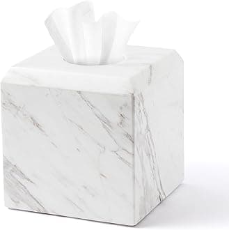 Tissue Box Cover Italy Natural Marble Heavy Duty Square Facial Toilet Paper Holder for Bathroom Living Room Bedroom Dresser Vanity Kitchen Minimalistic Office Home Decor Jazz White (WH014)