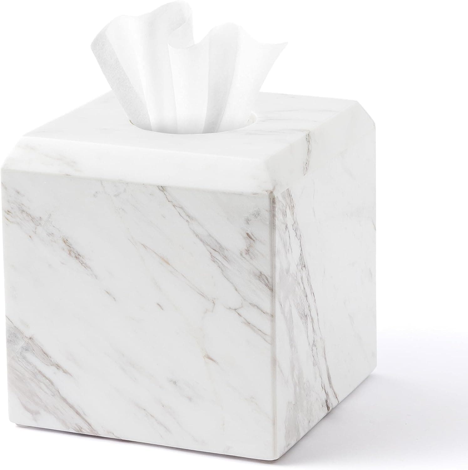 Tissue Box Cover Italy Natural Marble Heavy Duty Square Facial Toilet Paper Holder for Bathroom Living Room Bedroom Dresser Vanity Kitchen Minimalistic Office Home Decor Jazz White (WH014)