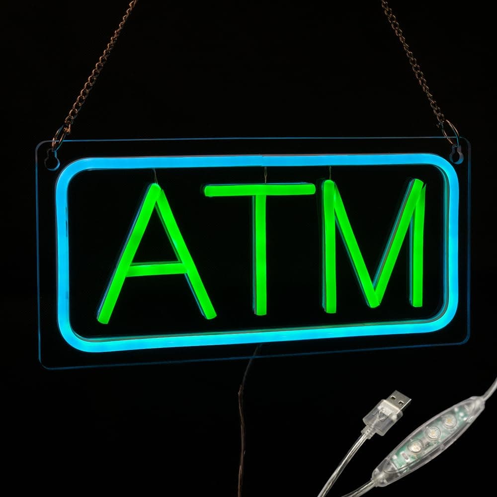 ATM LED Neon Sign, USB Powered with Light +/- Switch, 12"×6", Business Billboards for Bank Mall Supermarket Convenience, Durable, Energy Saving, Easy to Install, Ideal for Shop Wall Window Decoration