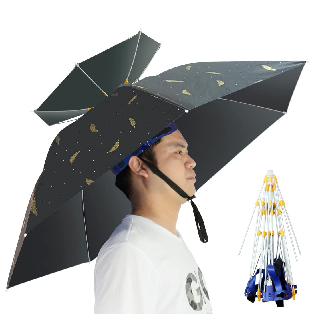 NEW-Vi Umbrella Hat Folding Adjustable Sun Rain Cap, 37.4” UPF 50+ UV Protection Large Hands Free Umbrellas, 7-Ribs Waterproof Headwear for Fishing Gardening Golf Sunshade Outdoor