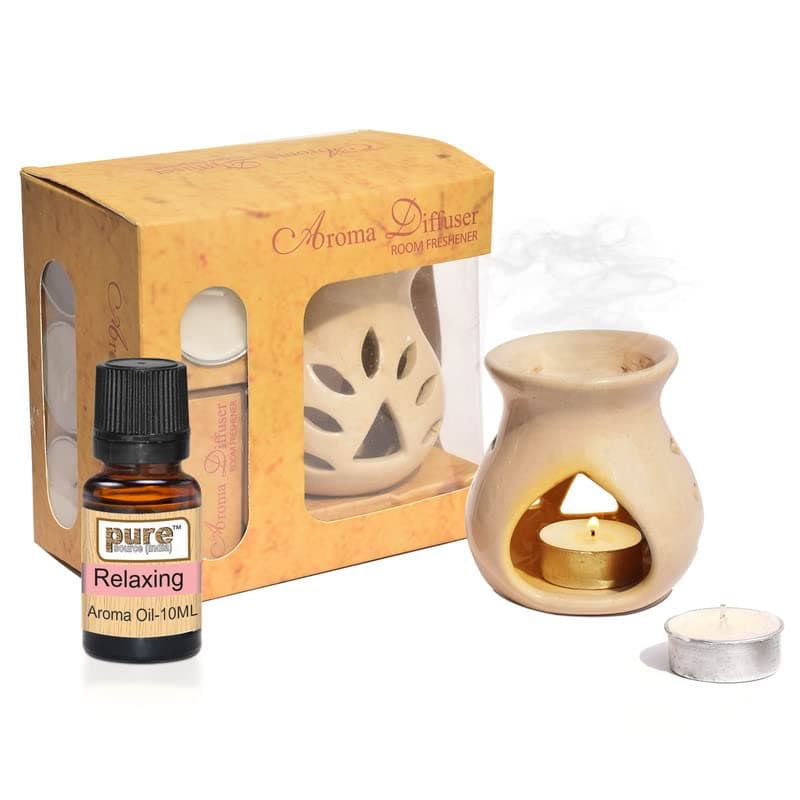 Pure Source India Ceramic Aroma Burner 10 ML Relaxing Aroma Essential Oil with 4 Tea Light Candles, Gift This Diwali