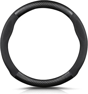 Round Shape Carbon Fiber & Microfiber PU Leather Steering Wheel Cover Anti-Slip Car Steering Wheel Protector Breathable Sweat Absorbent Sport for Diameter 38cm（15"）-Black