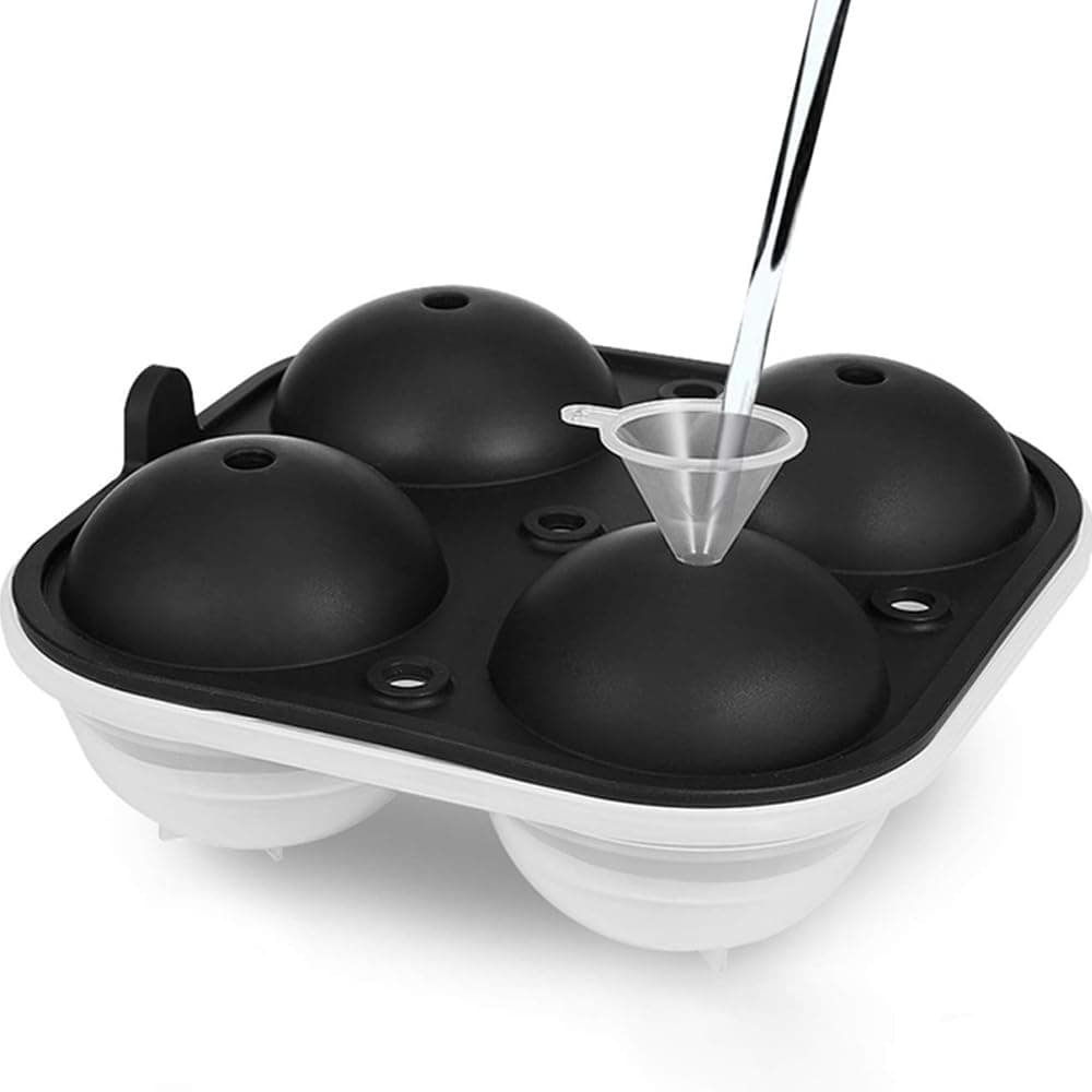 Large Ice Cube Tray for Whiskey, 2.5" Flexible 4 Ice Ball Maker with Lid and Extra Funnel, Round Silicone Ice Cube Molds, Reusable Silicone Ice Cube Molds, Spherical Ice Tray.