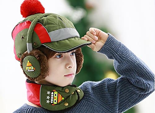 Petty Cabin Kocotree Cute Robot Pattern Design Hat Children's Multifunctional Neck Warmer Boys Hat, Earwarmer & Neck Warmer Set Keep Warm in Winter (Army Green)