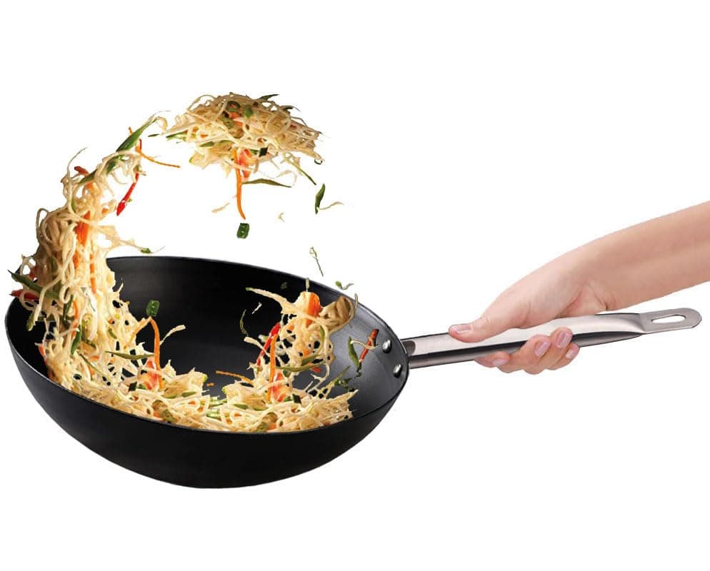 amicus Kitchen Iron Kadai/Woks for Cooking & Deep Frying, Pre-Seasoned Iron Kadhai/Woks Fry Pan (Woks Flat - Induction Compatible, 25 Cm) - Black