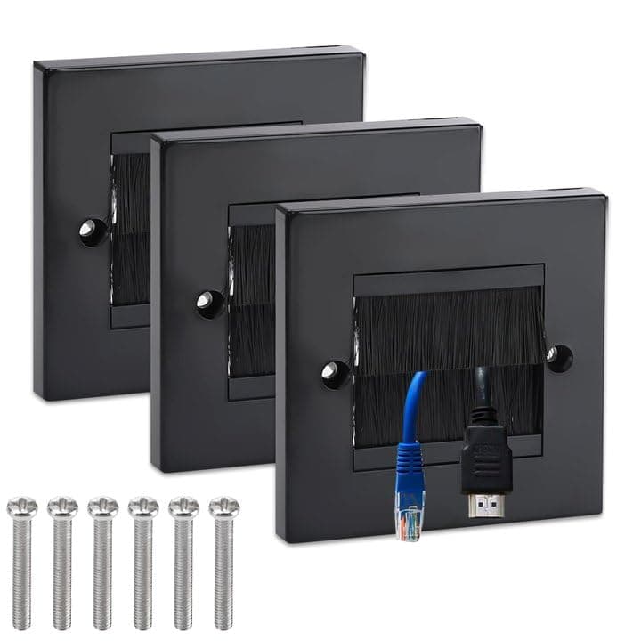 Adertos 3 Pcs Brush Wall Plate Cable Passthrough Outlet, Mounted Faceplate, Single Gang Access Strap, Tidy Pass Through Insert, Standard Black Wallplate With Brushes