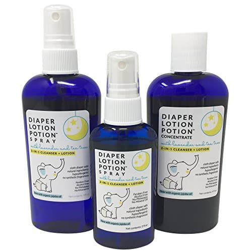 Diaper Lotion Potion Deluxe Bundle - 2 oz, 4 oz Spray and Concentrate - All Natural Diaper Rash Solution for Your Baby - Healing, Soothing 2-in-1 Cleanser with Lavender, Tea Tree Essential Oils