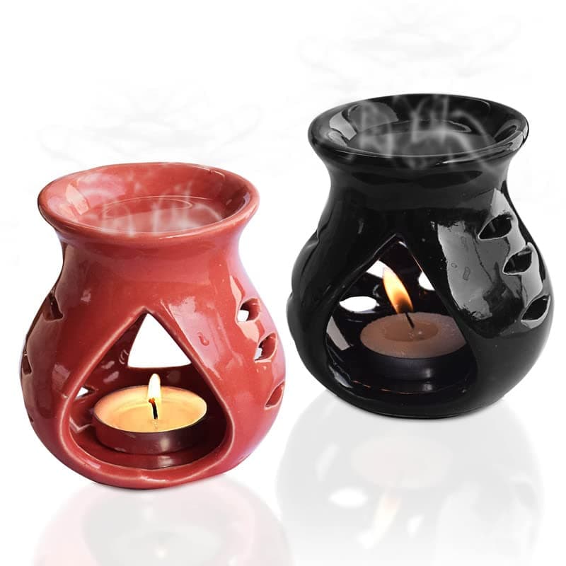Pure Source India Ceramic Oil Burner Aroma Diffuser Set of 2 (Black & Red)