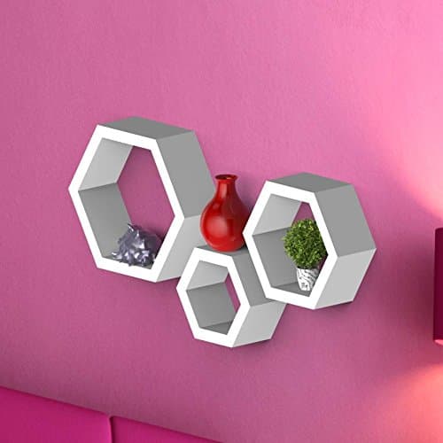 Dime Store Engineered Wood Wall Mount Wall Shelf Storage Display Floating Shelf for Home and Room Decor Items Hexagon Shape (Set of Three, White)