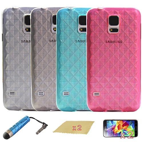 KooJoee(TM) Combo Protective Cases - Bundle of 4 Pieces Diamond Plaid Style Soft Rubber Skin Flexible TPU Gel Cases Covers For Samsung Galaxy S5 / SM-G900 Series + One KooJoee Stylus + Two Screen Protectors + Two Microfiber Cloth, Clear White / Smoke / Light Blue / Light Pink