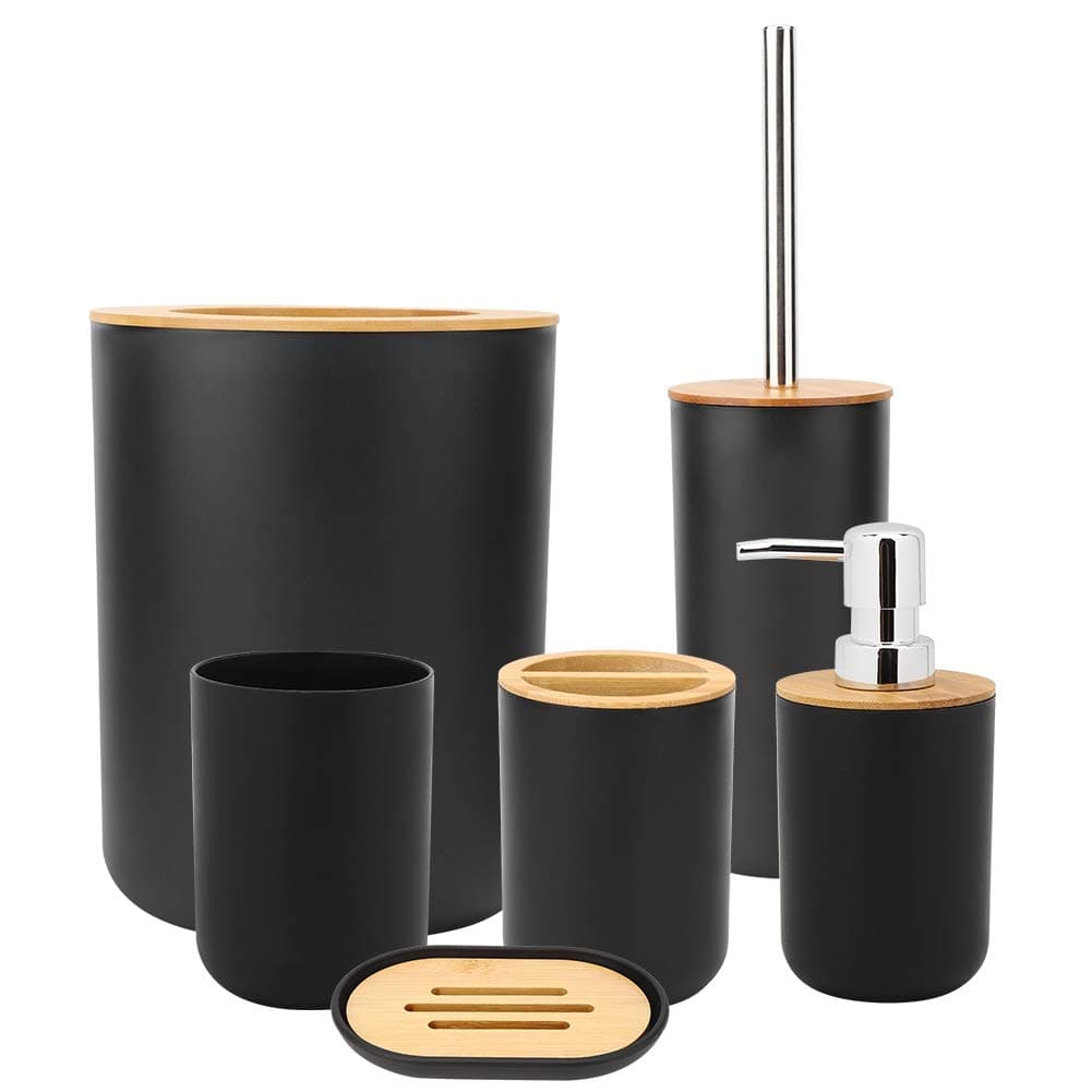 6pcs Bathroom Accessories Set Plastic Luxury Bath Accessories Bath Set with Toothbrush Cup Toothbrush Holder Soap Dish Soap Dispenser Rubbish Bin Toilet Brush with Holder Plastic and Bamboo(Black)