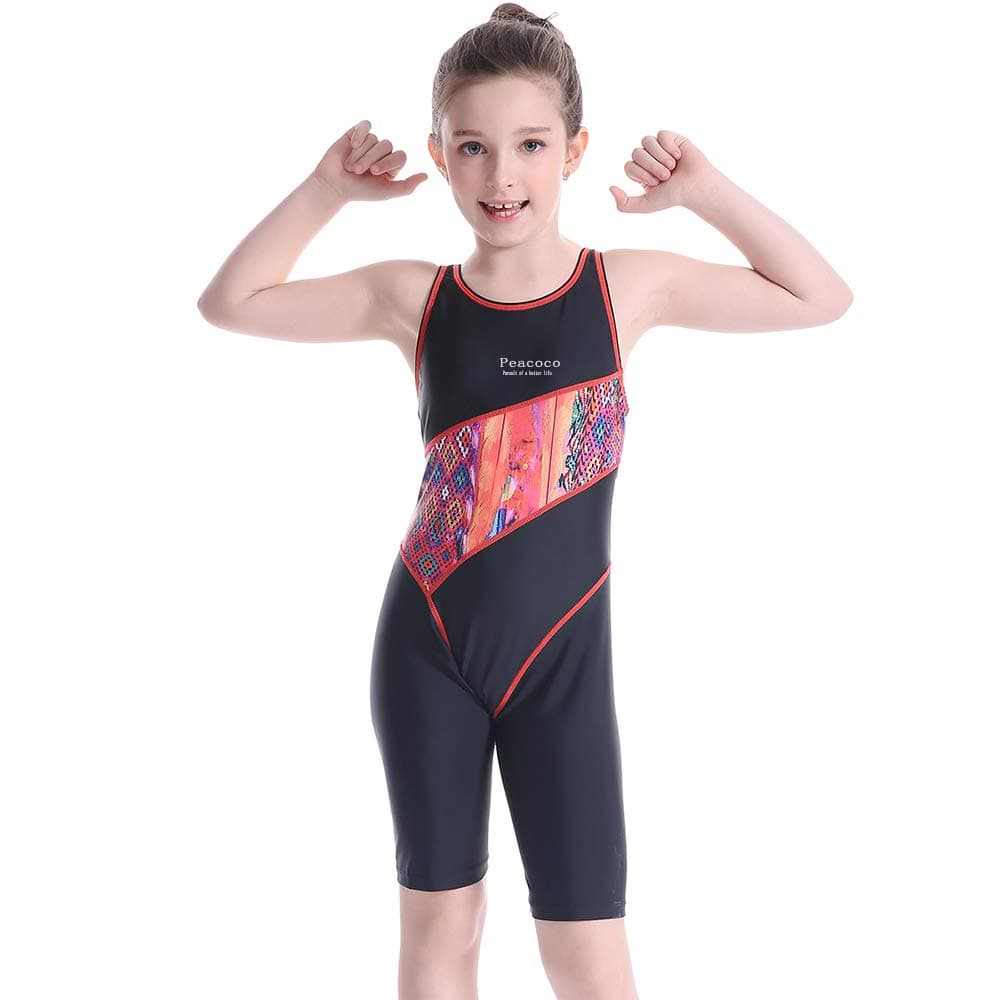 Peacoco Girls' Solid Splice Athletic One-Piece Swimsuits Racerback Competitive Legsuit