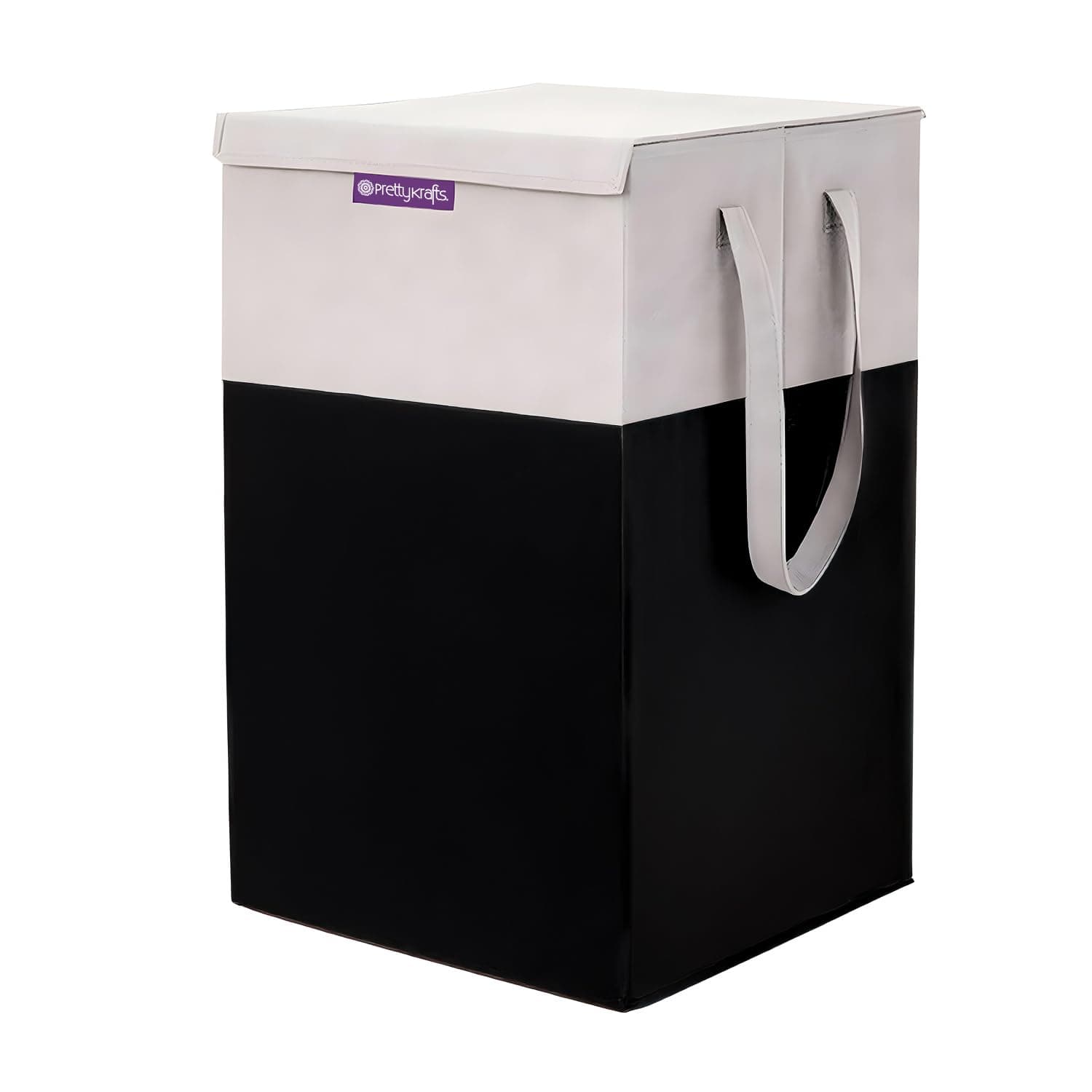 PrettyKrafts 75 L Non Woven Printed Rectangular Foldable Large Laundry Bag/Basket With Lid & Handle, Freestanding Clothes Storage Organizer for Bedroom, Dorm (36x36x53cm, Black, Set of 1)