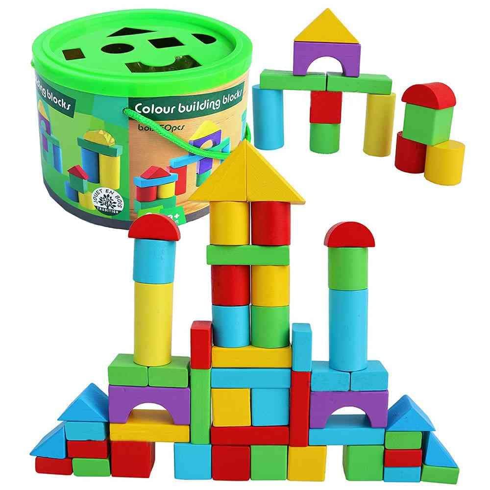 UKR Wooden Building Blocks Set Construction Toy Stacking Sorting Bricks Engineering STEM Early Educational For Toddlers With Storage Bucket 56 Pc