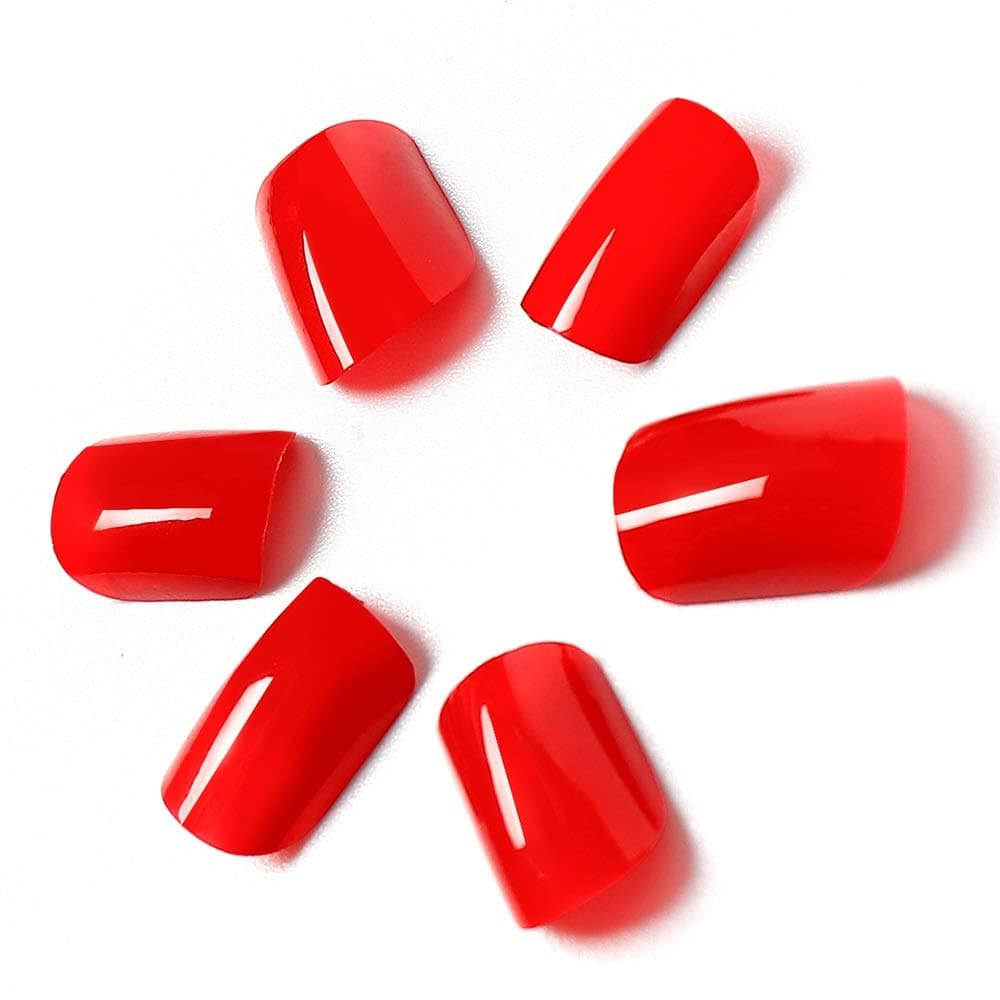 LIARTY 24 Pcs False Nails with Glue Stickers 12 Sizes Solid Red Square Fake Nail Tips