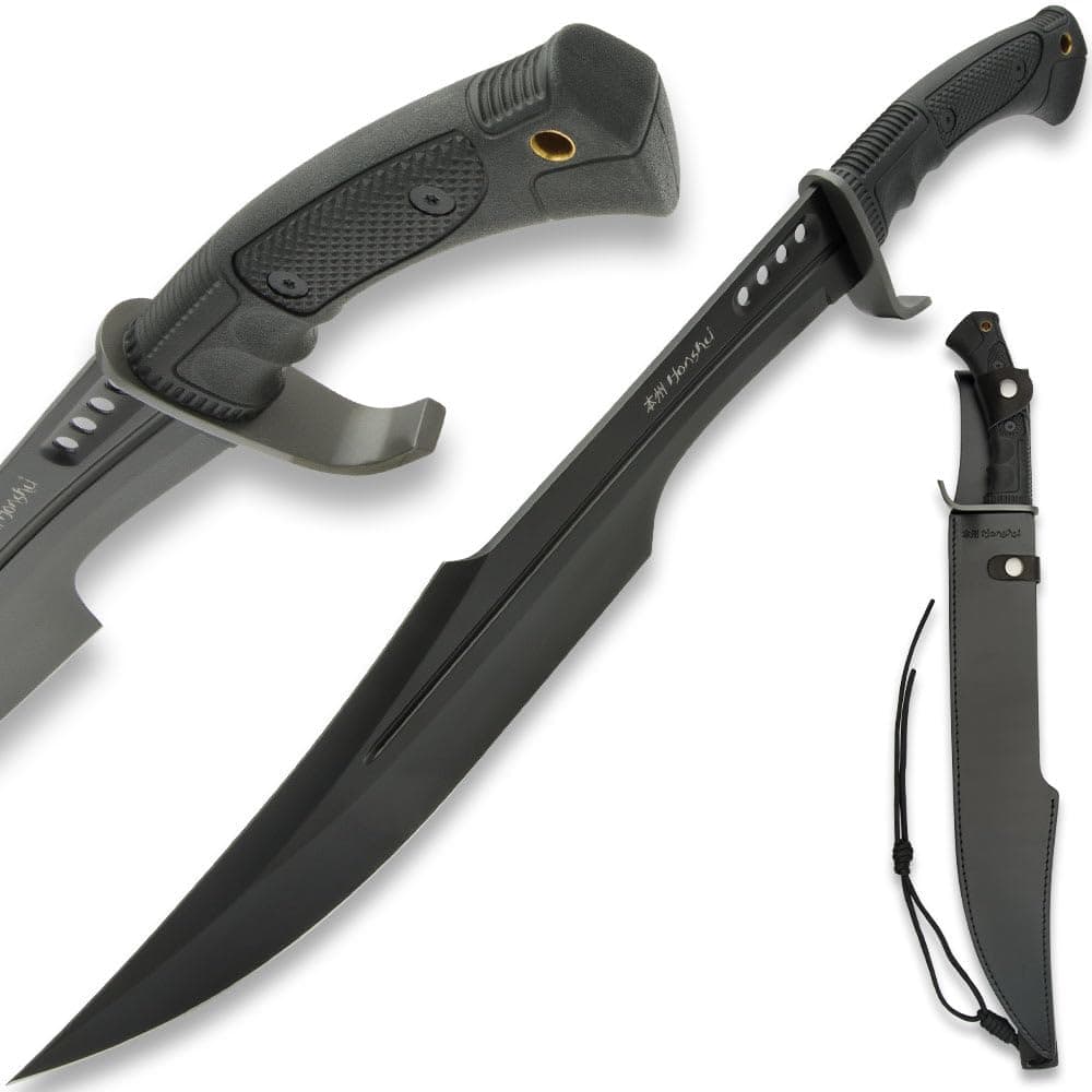 Honshu Spartan Sword and Scabbard - Midnight Forge | Battle Ready Full Tang | Damascus Steel Blade - 16.5” Length | Real Swords for Adults | 23” Overall