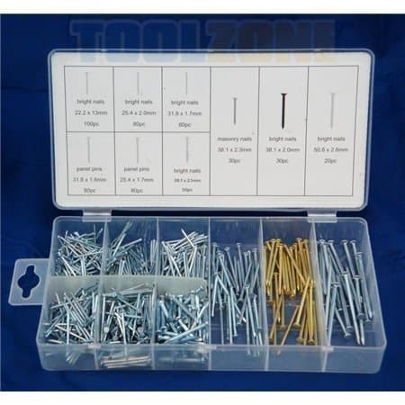 Toolzone550 Piece Nail Assortment including bright nails, panel pins, and masonry