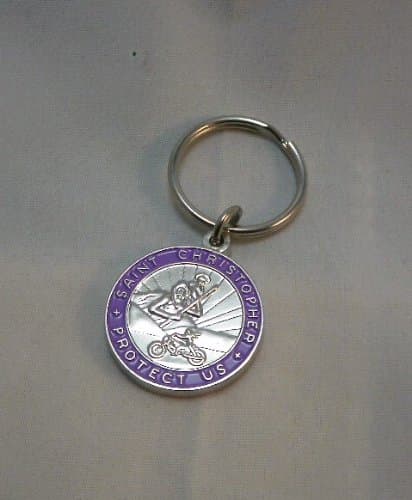 St. Christopher Motorcycle Medal Keychain /Purple