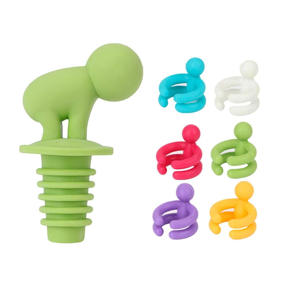 7 Pcs/Set Creative Silicone Small Drunkard Champagne Wine Bottle Stopper with Wine Glass Cup Marker Set Novelty Party Accessories